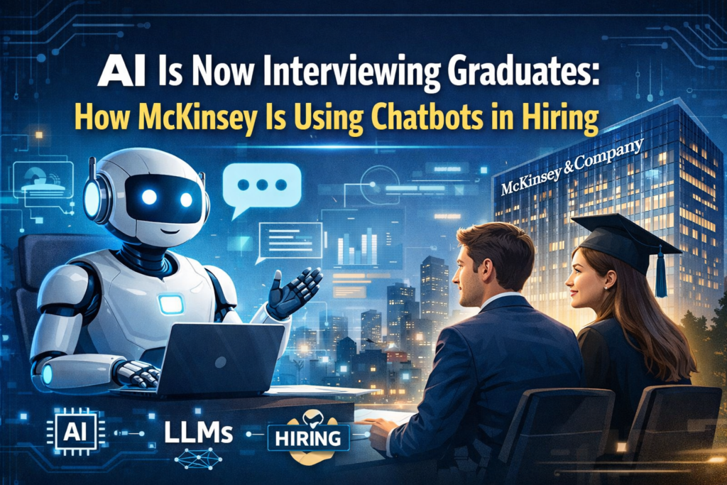AI chatbot interviewing graduates in a futuristic hiring setup