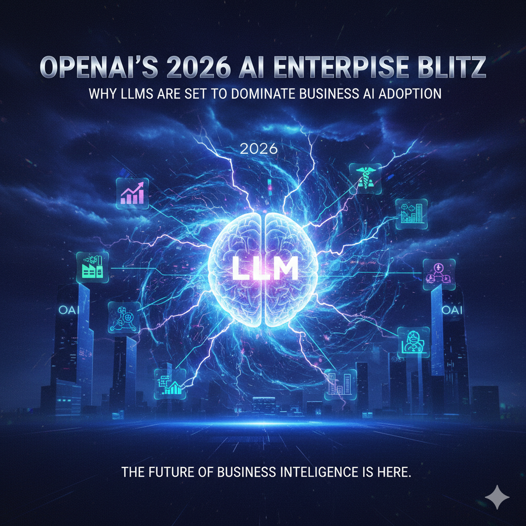 A futuristic digital poster for 'OpenAI’s 2026 AI Enterprise Blitz.' In the center, a glowing, translucent human brain is labeled 'LLM' in bold white letters, emitting bright blue electric bolts that connect to various business icons representing healthcare, finance, manufacturing, and data analytics. The scene is set against a dark, cinematic city skyline at night with 'OAI' glowing on skyscrapers. The top text reads 'OpenAI’s 2026 AI Enterprise Blitz: Why LLMs Are Set to Dominate Business AI Adoption,' and the bottom tagline says 'The future of business intelligence is here.
