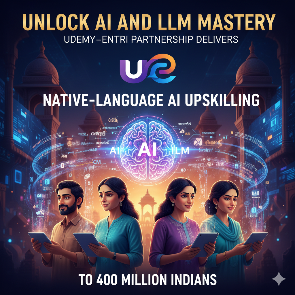 A professional digital poster for the Udemy–Entri partnership. It features four Indian professionals—two men and two women—holding tablets and looking forward with confidence. Above them, a glowing purple and blue digital brain is surrounded by holographic rings containing Indian language scripts and AI icons. The background blends traditional Indian palace architecture with futuristic blue tech interfaces. Text at the top and bottom reads: 'Unlock AI and LLM Mastery: Udemy–Entri Partnership Delivers Native-Language AI Upskilling to 400 Million Indians.
