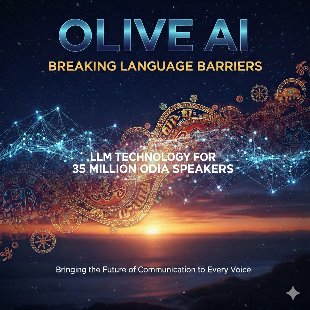 Olive AI announcement poster: Bringing Large Language Model (LLM) technology to the Odia-speaking community.