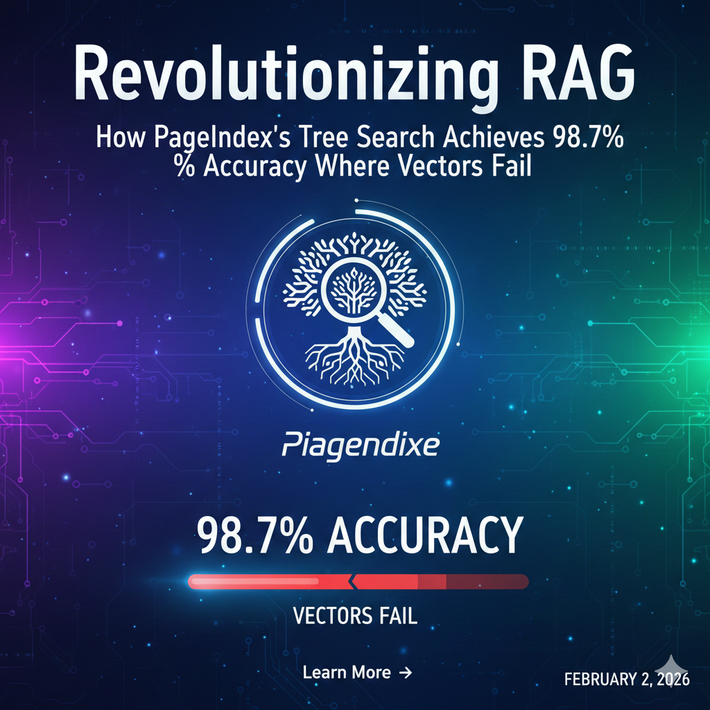 A high-tech digital poster titled "Revolutionizing RAG: How PageIndex's Tree Search Achieves 98.7% Accuracy Where Vectors Fail." The center features a glowing white circular icon of a tree with a magnifying glass over its branches, symbolizing hierarchical search. The background is a dark blue and teal circuit board pattern. A progress bar at the bottom shows 98.7% accuracy, contrasting it with "Vectors Fail." The Kalinga.ai logo and a "Learn More" button are included at the bottom.
