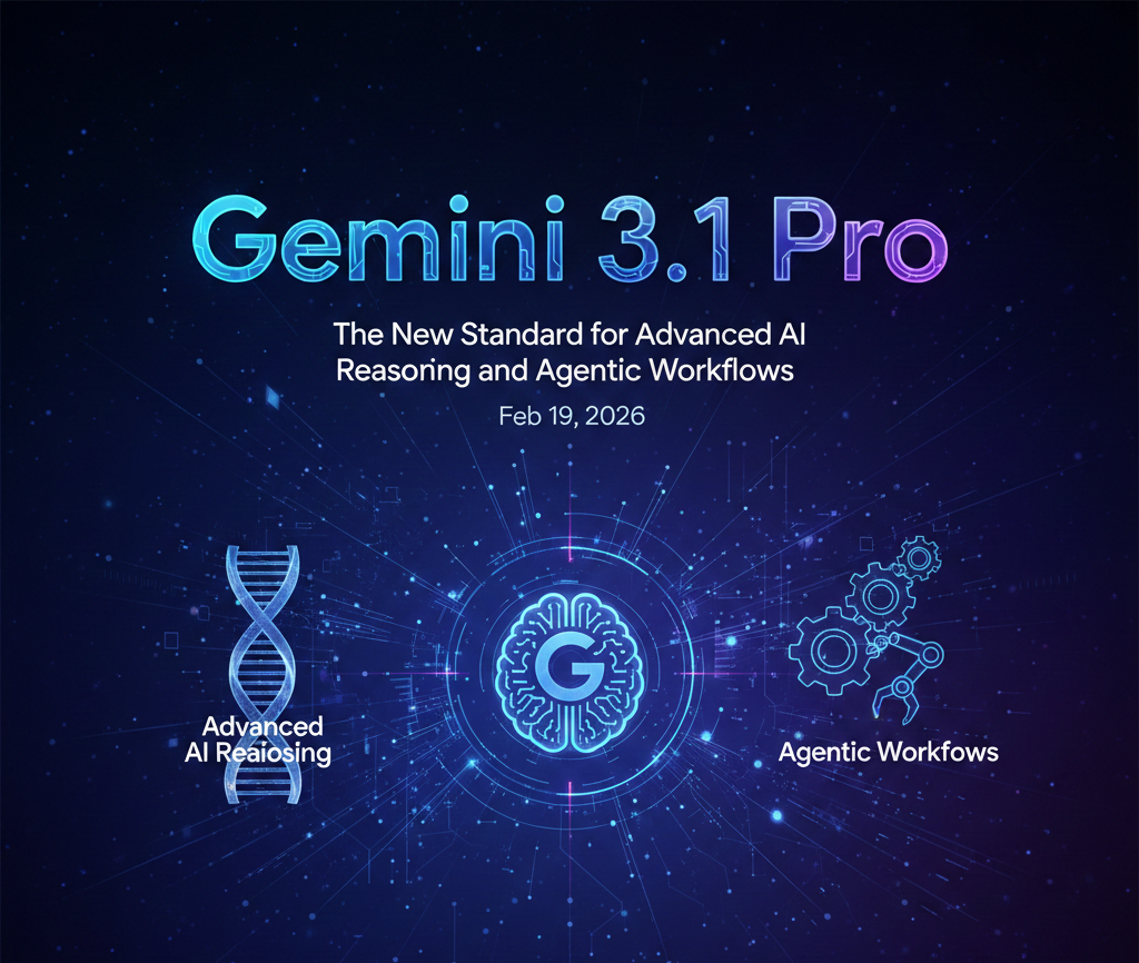 A high-tech infographic poster for Gemini 3.1 Pro showing a glowing brain icon, digital DNA, and gears representing advanced AI reasoning and agentic workflows.
