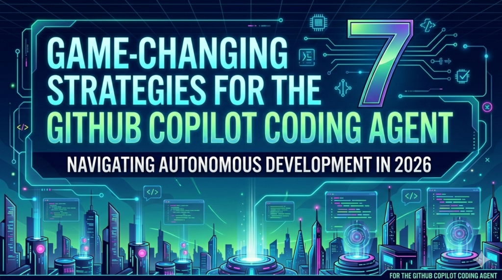 A futuristic landscape banner for '7 Game-Changing Strategies for the GitHub Copilot Coding Agent in 2026,' featuring a glowing cyber-city skyline with neon circuit overlays and bold, high-tech typography.