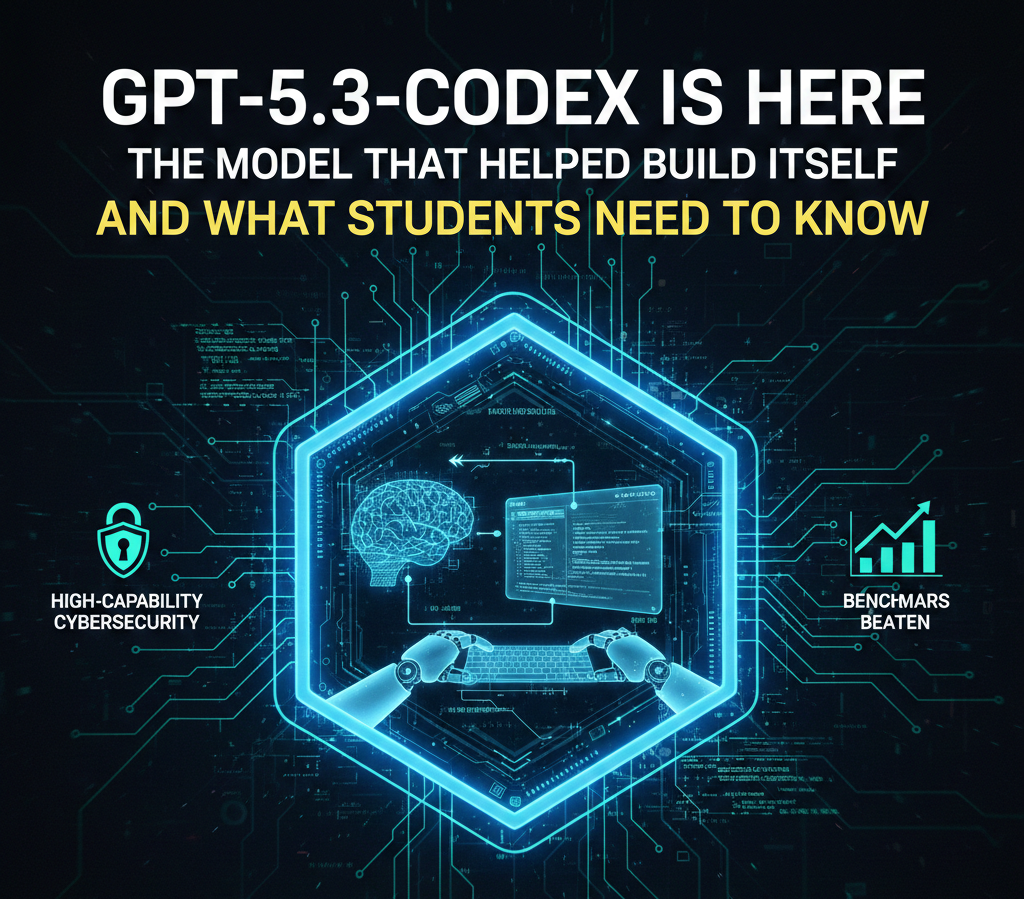 A futuristic digital poster for GPT-5.3-Codex featuring a glowing blue hexagonal interface, robotic hands typing on a holographic keyboard, a digital brain icon, and text highlights for High-Capability Cybersecurity and Benchmarks.
