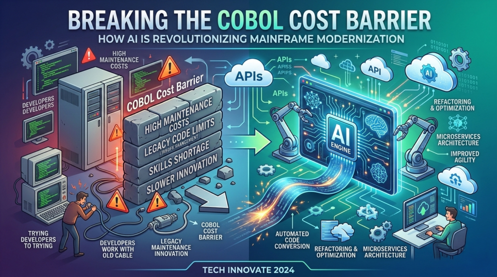 Infographic showing the transition from COBOL mainframe to cloud-native microservices using AI tools.