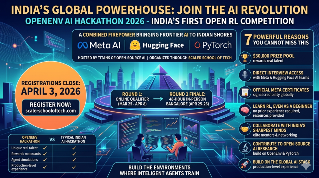 OpenEnv AI Hackathon banner featuring Meta, Hugging Face, and PyTorch logos for India's first RL competition 2026