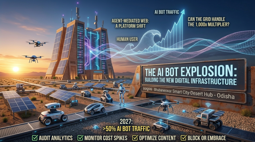 Futuristic Odisha data hub illustrating the surge of AI bot traffic and agent-mediated web infrastructure.