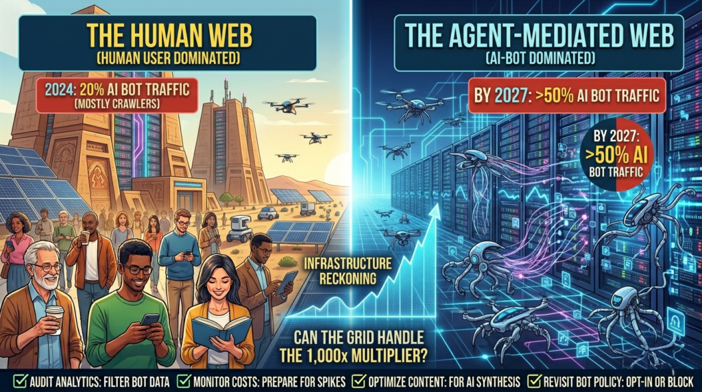 Split infographic contrasting the human web in 2024 with the surge of AI bot traffic on the agent-mediated web by 2027.