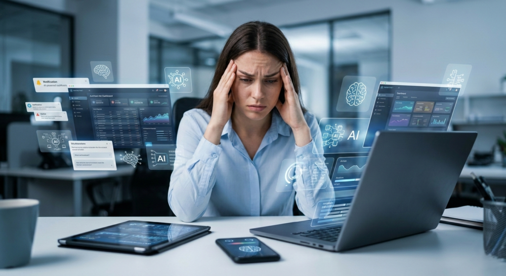 A stressed professional experiencing AI brain fry while managing multiple digital interfaces and AI tools at a desk.