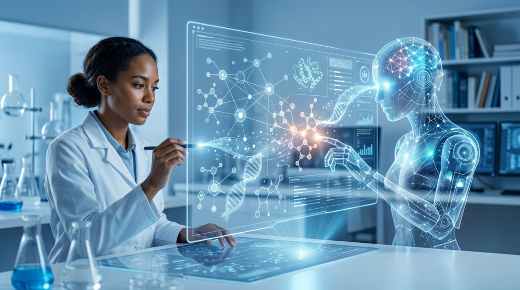 A human researcher and an AI co-scientist collaborating on a digital interface to solve complex molecular formulas.