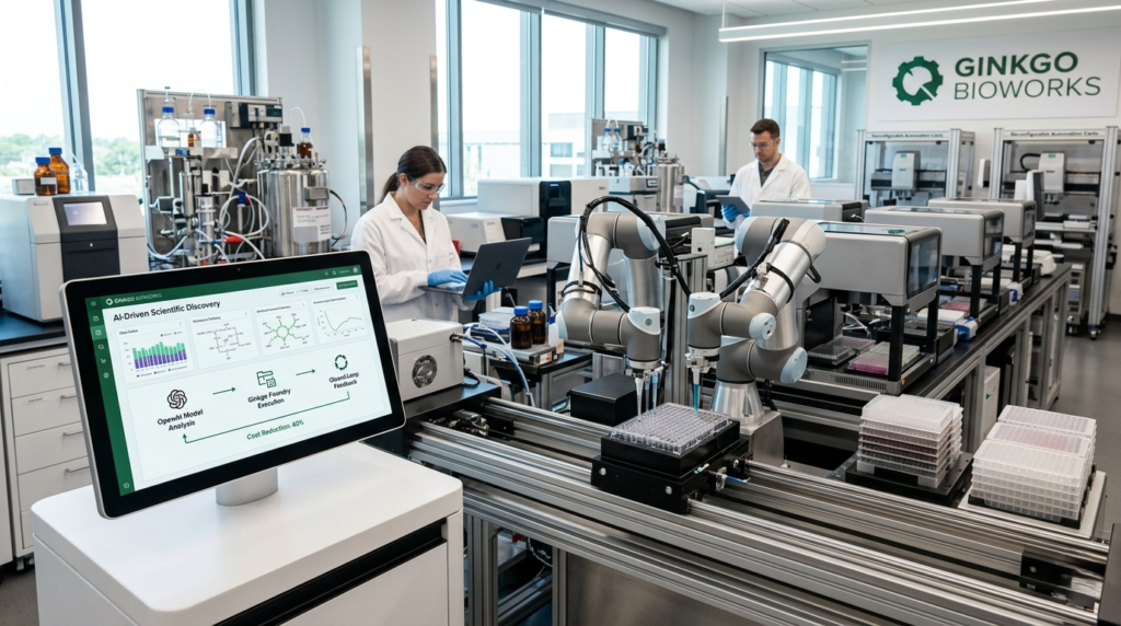 A high-tech robotic arm performing automated experiments to accelerate AI-driven scientific discovery in a biological lab.