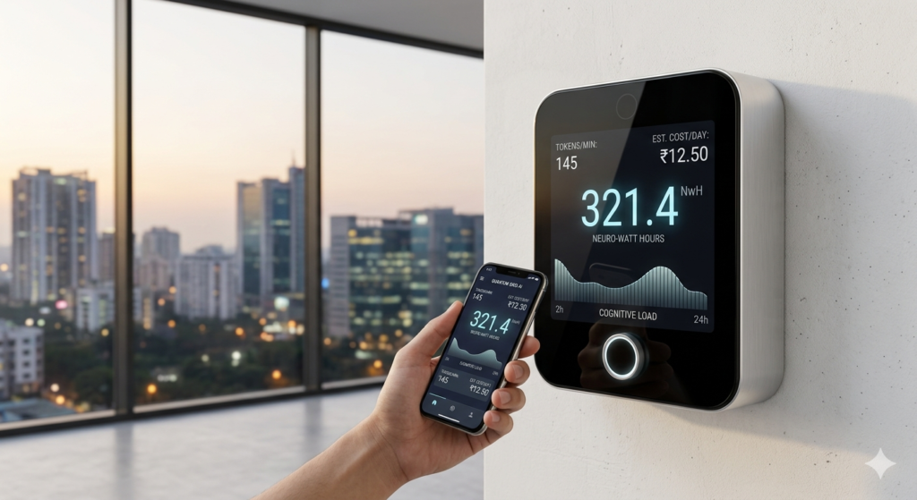 A futuristic digital meter displaying data tokens representing how AI will become a utility like electricity.