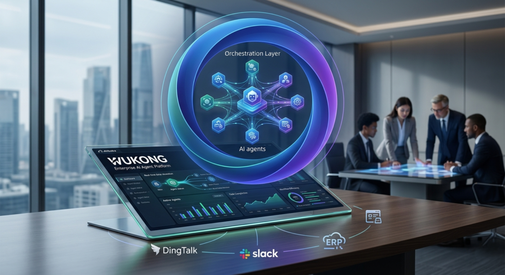 A high-tech dashboard showcasing the Alibaba Wukong enterprise AI agent platform orchestrating automated business workflows.
