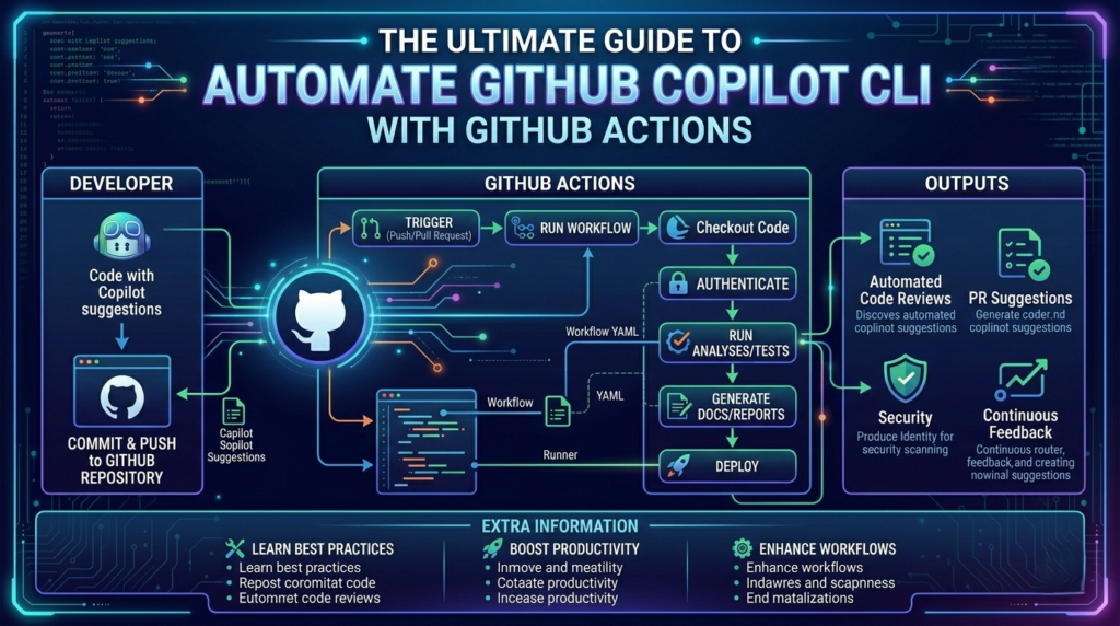 A conceptual 3D illustration of a terminal window showing how to automate GitHub Copilot CLI with GitHub Actions.