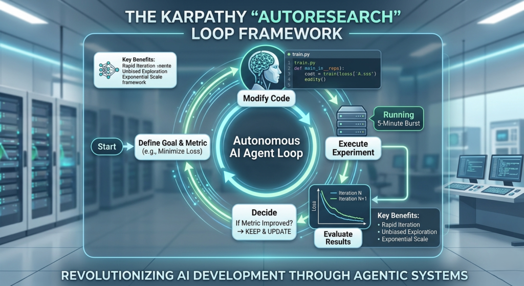 A conceptual diagram of autonomous AI agents operating in a continuous loop to optimize machine learning code and research.
