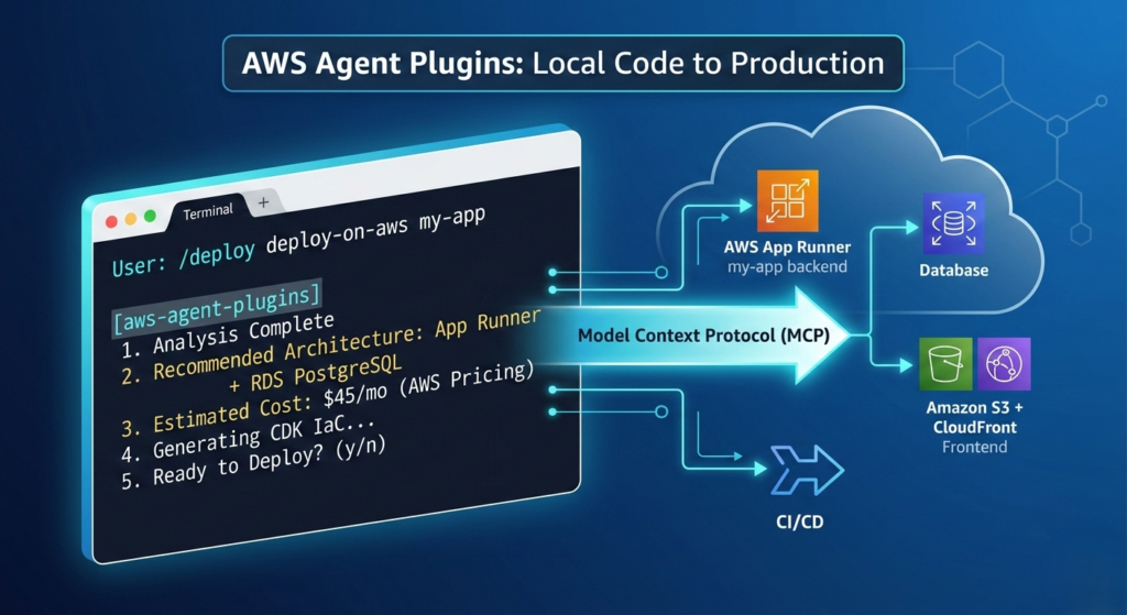 A developer using AWS Agent Plugins in a code editor to automate infrastructure deployment and cloud architecture.