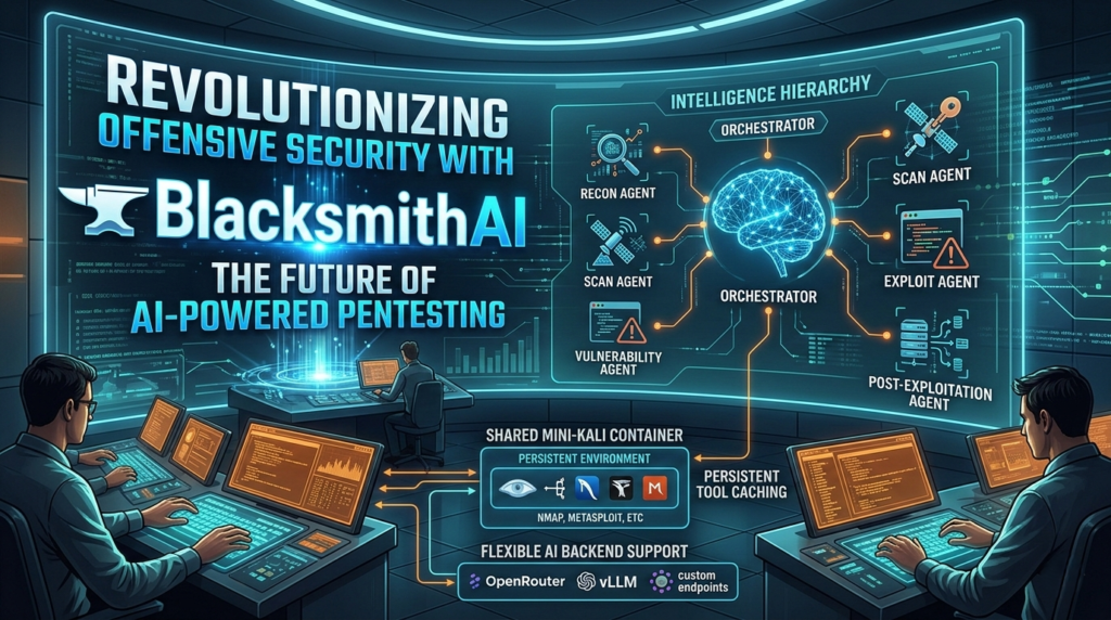 A diagram illustrating how the BlacksmithAI framework coordinates specialized AI agents for offensive security.