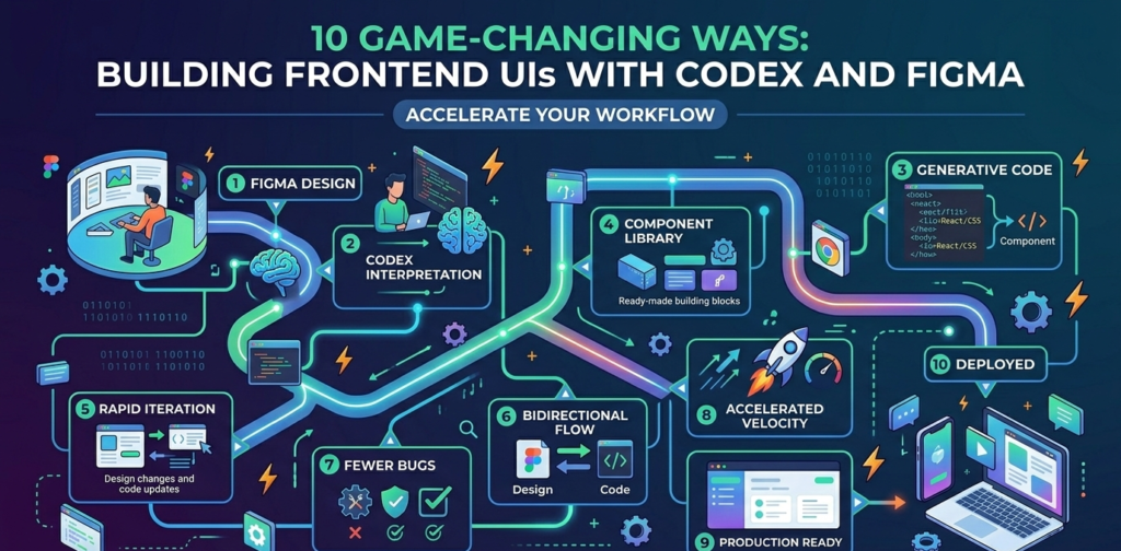 A high-tech landscape infographic showing the step-by-step process of building frontend UIs with Codex and Figma, from initial design to production-ready code.