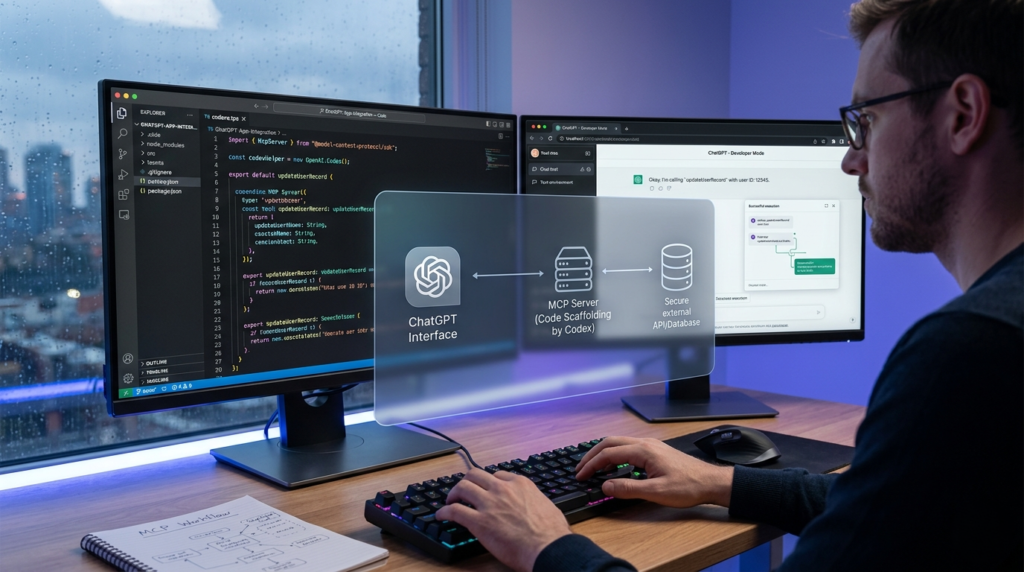 A developer coding a custom ChatGPT App using the Model Context Protocol and OpenAI Codex on a dual-monitor setup.