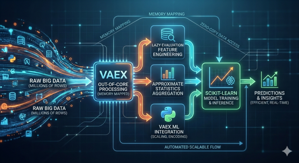 A conceptual diagram showing a scalable Vaex pipeline processing millions of data rows for machine learning models.
