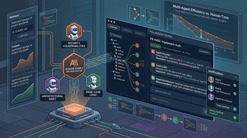 A technical interface showcasing Claude Code 2 analyzing pull requests using multiple AI agents for deep logic review.