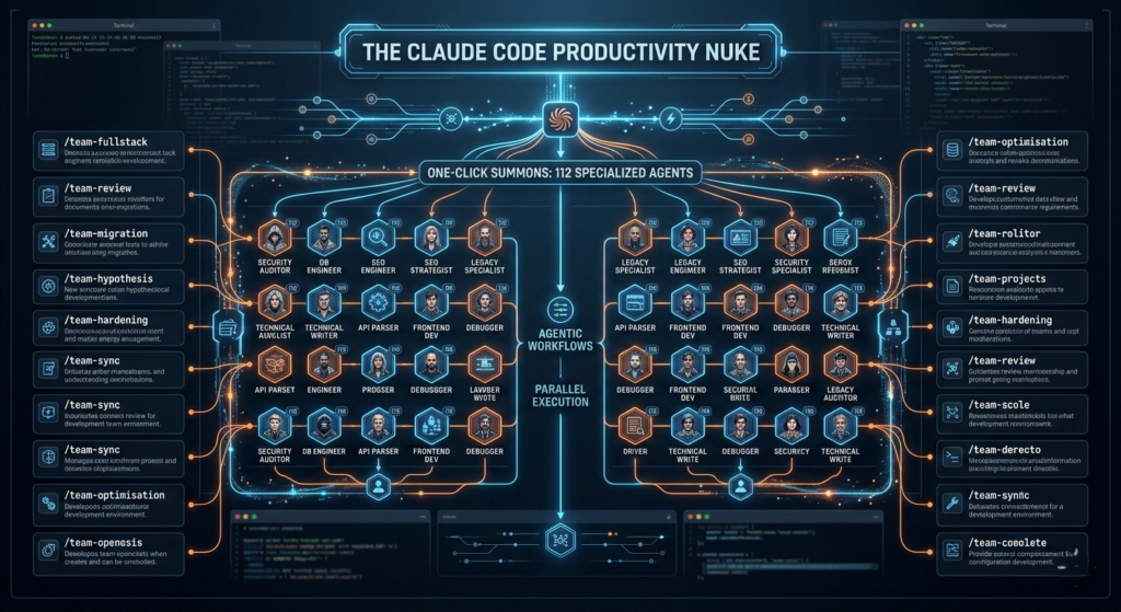 A cinematic interface showing Claude Code agentic workflows orchestrating a team of 112 specialized AI coding agents.