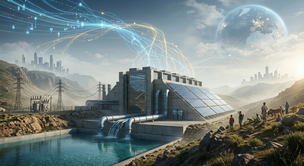 A conceptual 3D render illustrating compute colonialism through interconnected global data centers and power grids.