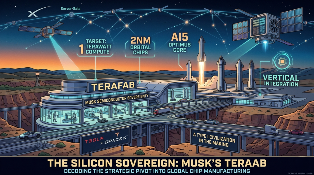 A futuristic rendering of the Terafab facility highlighting Elon Musk chip manufacturing for Tesla and SpaceX.