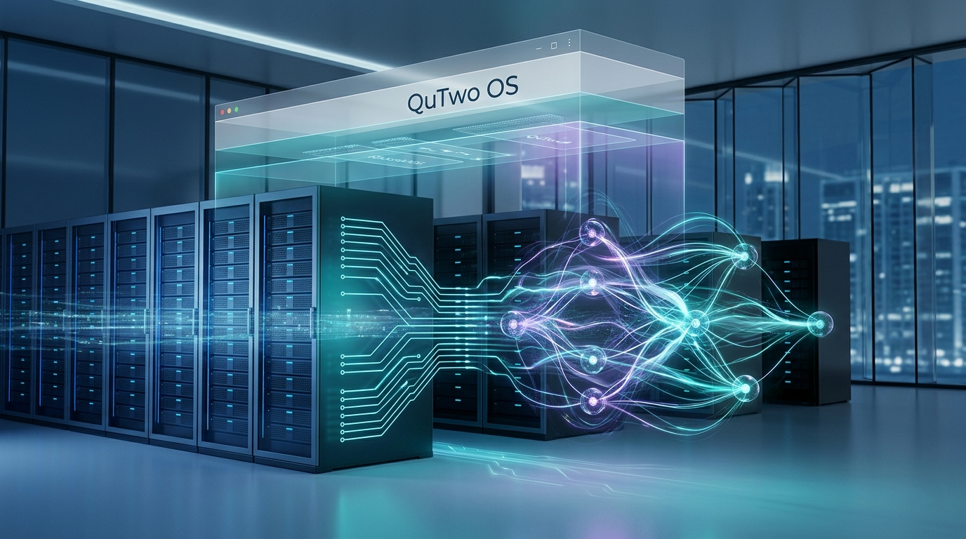 A digital visualization of a hybrid classical and quantum server rack symbolizing enterprise quantum readiness.