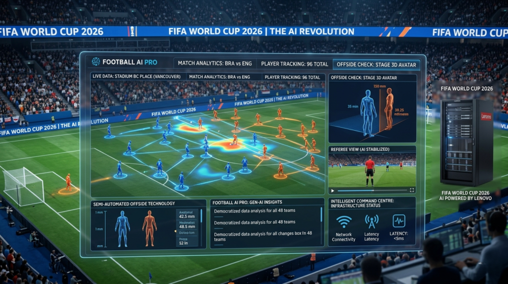 A digital visualization of FIFA World Cup 2026 AI analytics showing 3D player tracking and real-time match data.