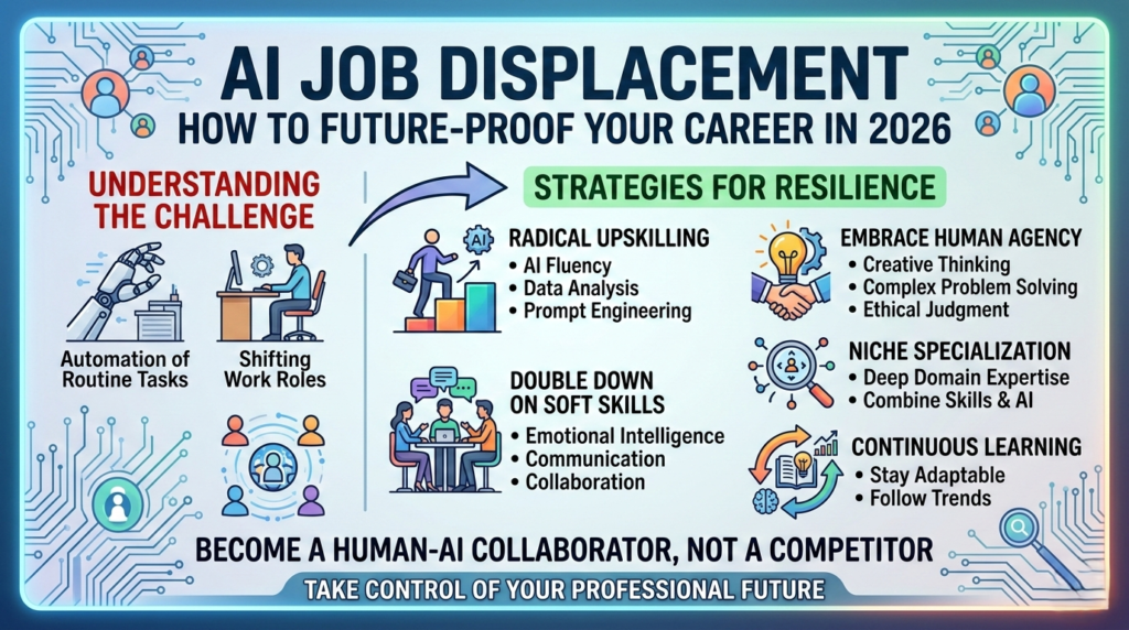 A 2026 career infographic illustrating strategies to mitigate AI job displacement, including upskilling and soft skills development.