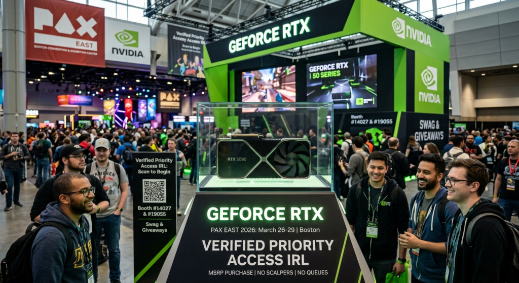 A GeForce RTX 50 Series GPU on display at PAX East 2026 for the Verified Priority Access IRL program.