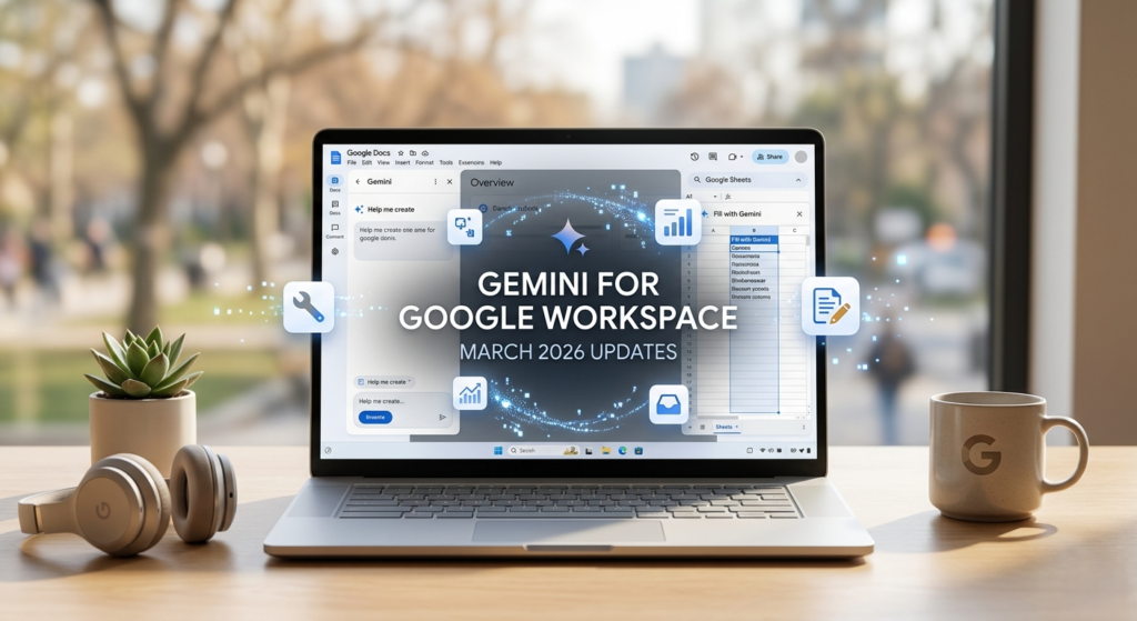 Dashboard view showcasing the Gemini for Google Workspace March 2026 updates across Google Docs and Sheets.