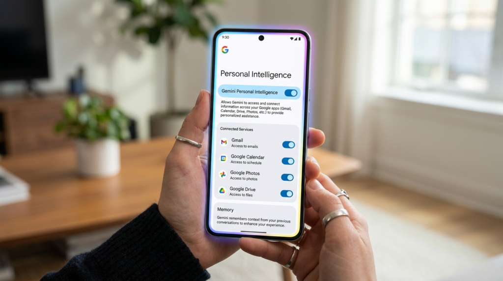 A smartphone screen showing the Gemini Personal Intelligence toggle enabled with a colorful AI glow effect.