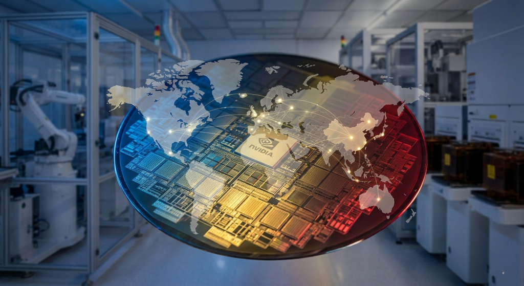 A high-tech semiconductor wafer representing the geopolitics of GPUs and Nvidia's Blackwell chip production for China.