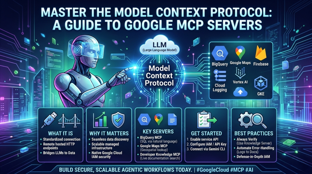 A futuristic robot interacting with a Google MCP Server interface connecting Gemini LLM to BigQuery and Maps.