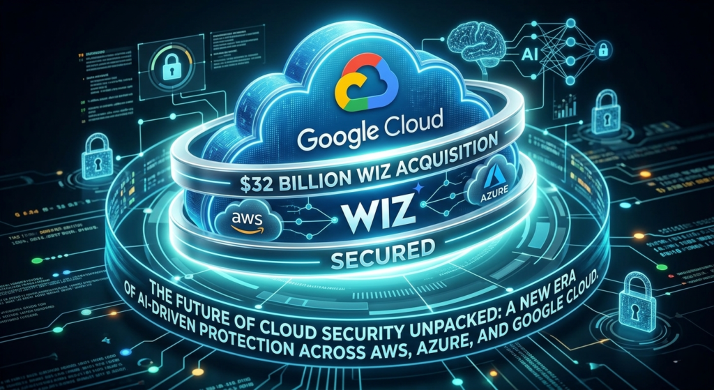 A digital cloud shield representing Google’s $32 billion Wiz acquisition securing global enterprise data networks.