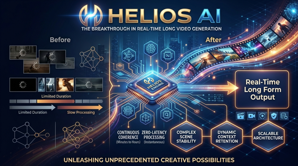 A futuristic 3D render of a sun-themed AI robot representing the Helios AI long video generation architecture.