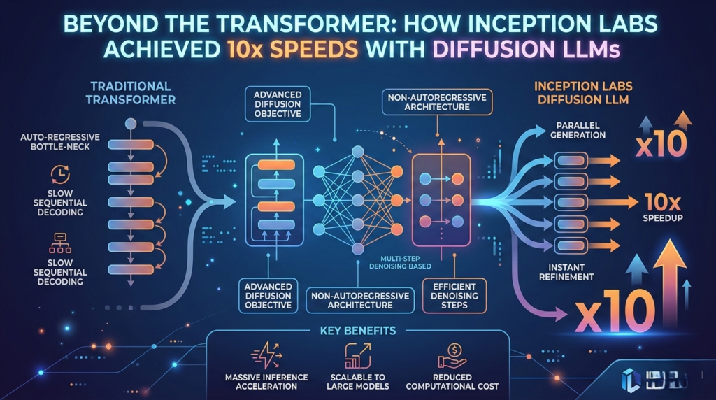 Infographic comparing Traditional Transformers to Inception Labs’ Diffusion LLMs showing 10x speedup and parallel generation.