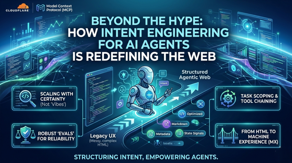 A futuristic poster illustrating how intent engineering for AI agents optimizes the web for machine experience.