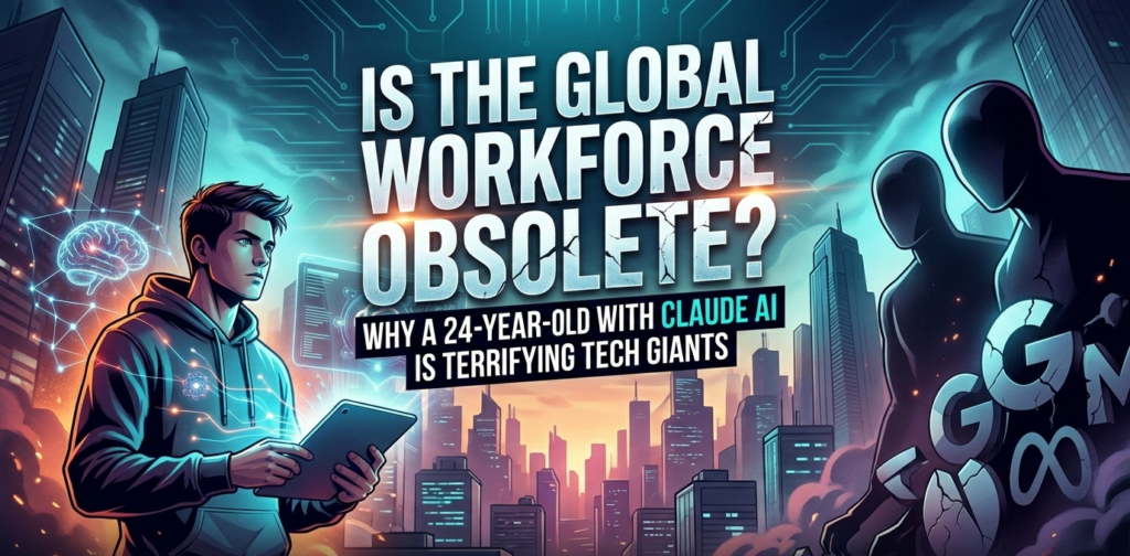 AI-driven workforce transformation:A cinematic landscape poster featuring a young man in a hoodie holding a glowing tablet. Digital brain and circuit patterns surround him as he faces off against giant, shadowy figures representing tech corporations. The background shows a futuristic city at sunset with the headline "Is the Global Workforce Obsolete?