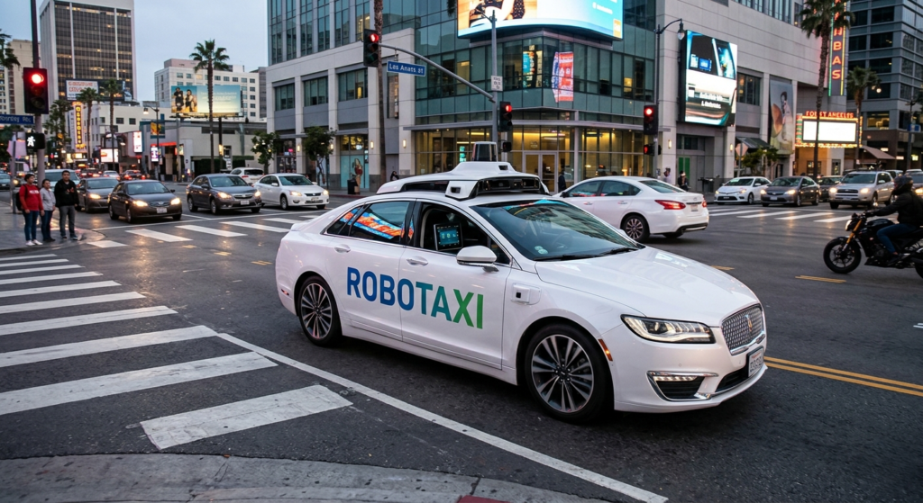 A white electric robotaxi demonstrating Level 4 autonomous driving while navigating a busy urban intersection at night.