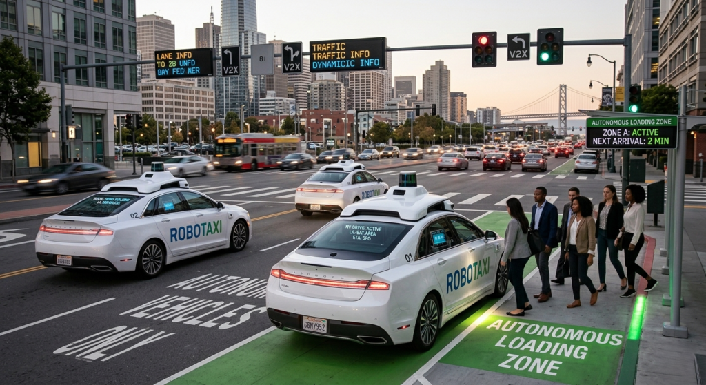 Level 4 autonomous driving robotaxis picking up passengers in a green-marked autonomous loading zone with V2X traffic signs.