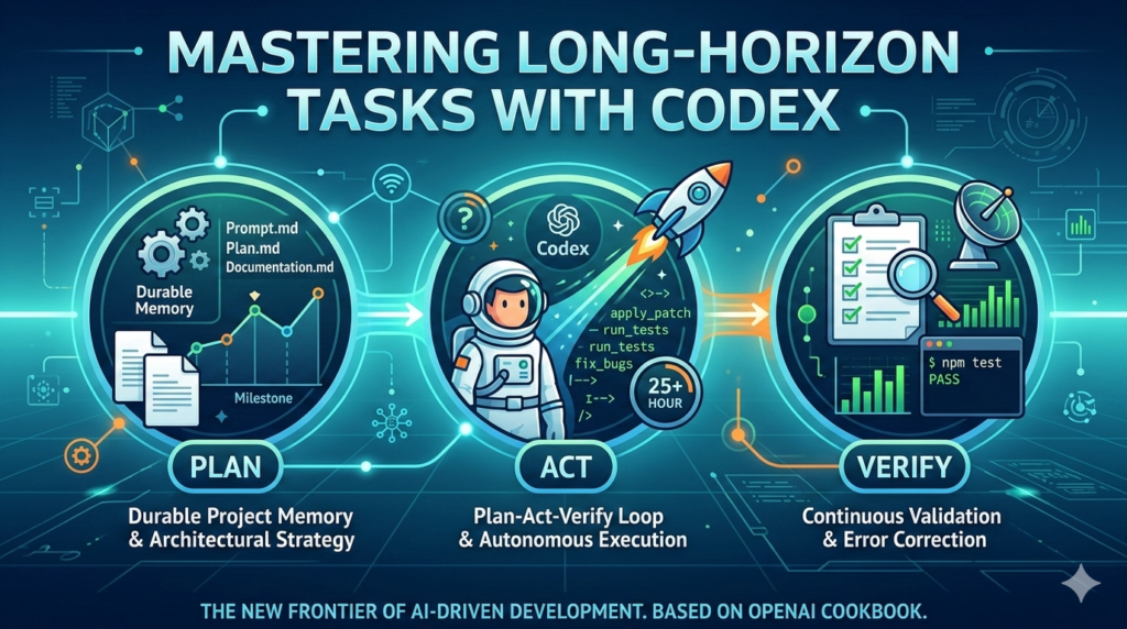 Infographic showing the Plan-Act-Verify loop for long-horizon tasks with Codex, featuring a 25-hour autonomous AI engineering workflow.