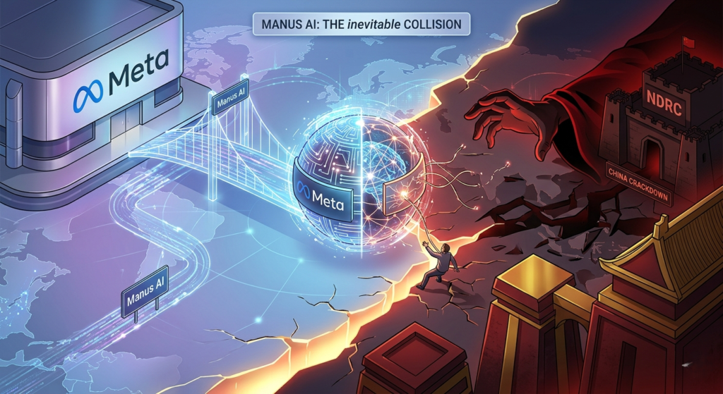Digital illustration representing the $2 billion Manus AI acquisition by Meta amidst the U.S.-China technology competition.