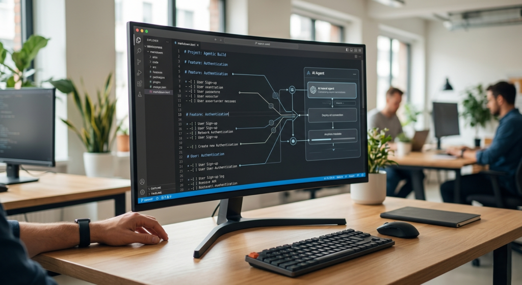 A developer using Markdown as a coding language to instruct an AI agent to build a functional software application.