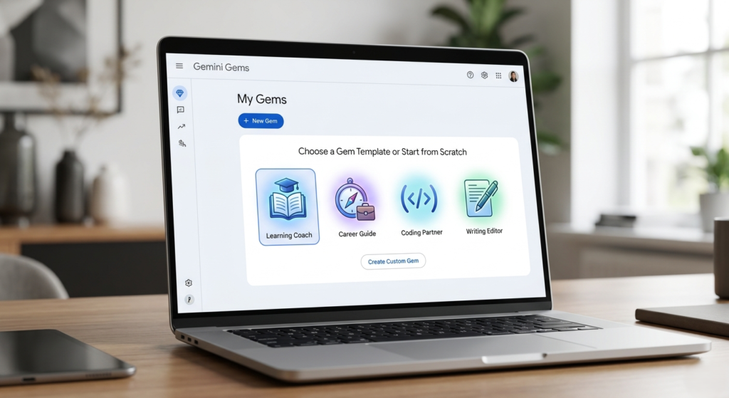 A user interface showing the Gemini Gems manager creating a custom AI assistant for skill acquisition and productivity.