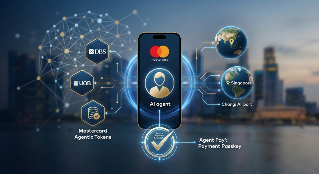 A digital visualization of Mastercard agentic payments being processed securely via AI agents and Singapore banks.