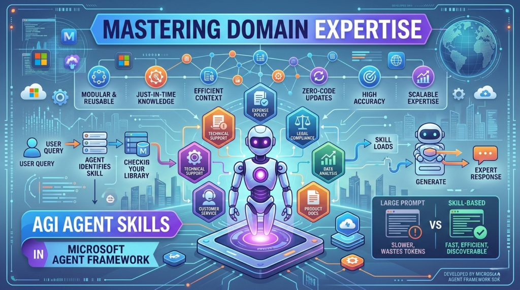 A technical infographic showing how Agent Skills in Microsoft Agent Framework provide modular domain expertise to AI agents.