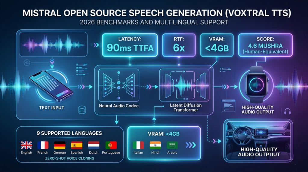 Infographic showing Mistral open source speech generation benchmarks and multilingual support on edge devices.